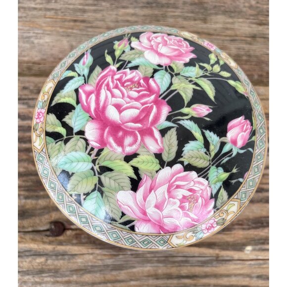 Vintage 1980s Lefton Pink Black Rose Porcelain Trinket box Round - Picture 9 of 10